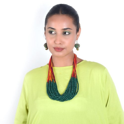 Dribbles Green Multi Cotton Thread Wooden Beads  Dori Neckpiece