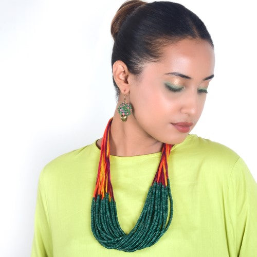 Dribbles Green Multi Cotton Thread Wooden Beads  Dori Neckpiece