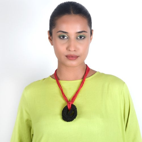 Rosette Red Black Cotton Dori Wooden Beads Neckpiece