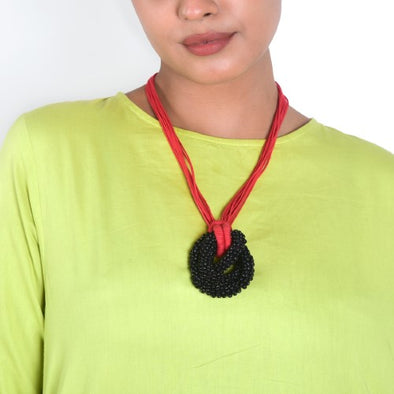 Rosette Red Black Cotton Dori Wooden Beads Neckpiece