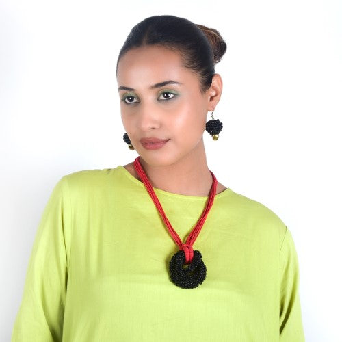 Rosette Red Black Cotton Dori Wooden Beads Neckpiece