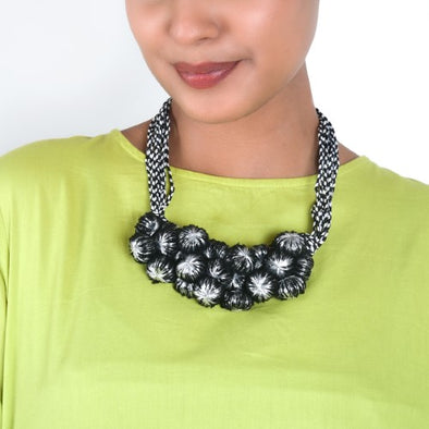 Star Light Black Silver Cotton Pom-Pom Textile Neckpiece