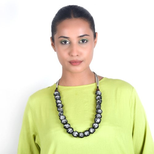 Glow Black Silver Cotton Pom Pom Textile Neckpiece