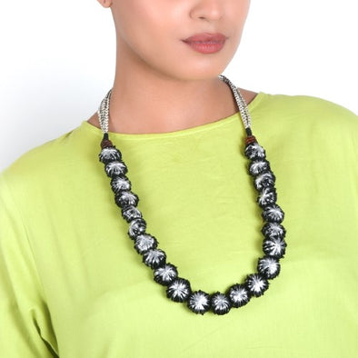 Glow Black Silver Cotton Pom Pom Textile Neckpiece