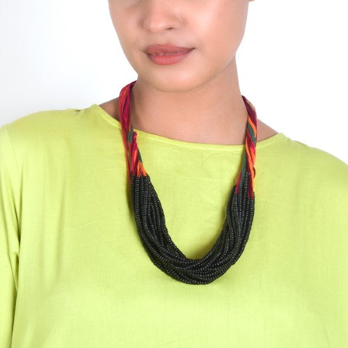 Dribbles Black Multi Cotton Thread Wooden Beads  Dori Neckpiece