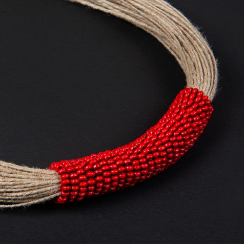 Sikkim Red Wooden Beads Jute Dori Neckpiece