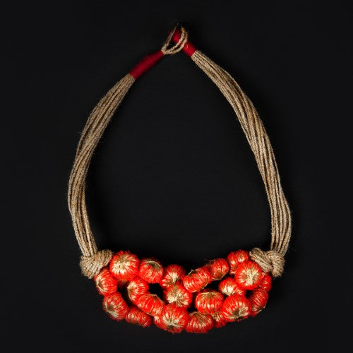 SunLight Red Gold Cotton Pom Pom Textile Neckpiece