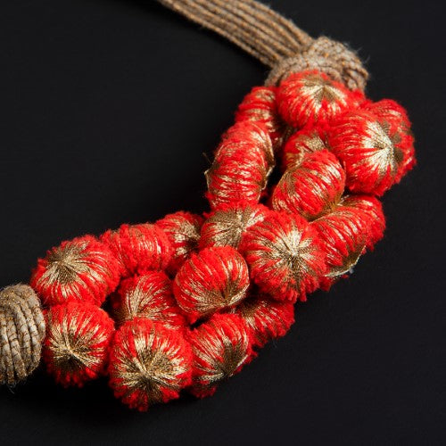 SunLight Red Gold Cotton Pom Pom Textile Neckpiece