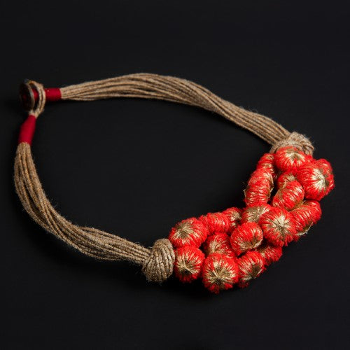 SunLight Red Gold Cotton Pom Pom Textile Neckpiece