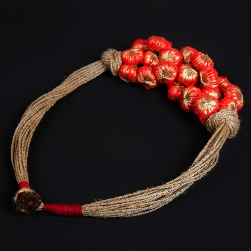 SunLight Red Gold Cotton Pom Pom Textile Neckpiece