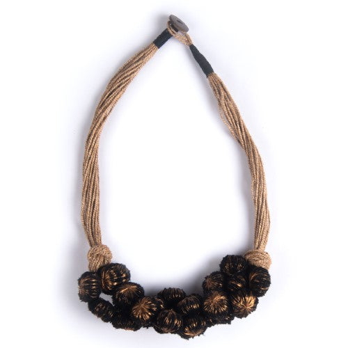 Moon Light Black Copper Cotton PomPom Textile Neckpiece