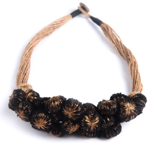 Moon Light Black Copper Cotton PomPom Textile Neckpiece