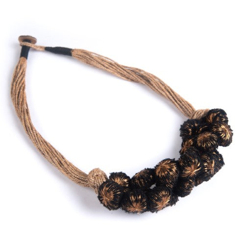 Moon Light Black Copper Cotton PomPom Textile Neckpiece