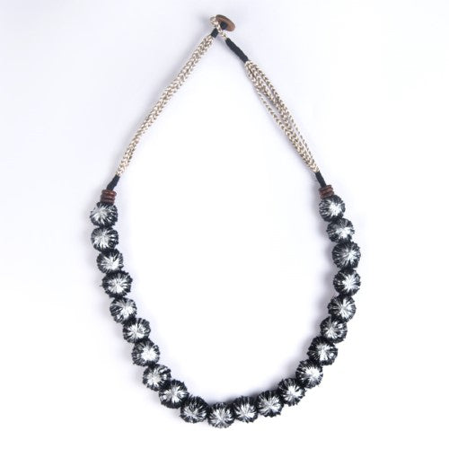 Glow Black Silver Cotton Pom Pom Textile Neckpiece