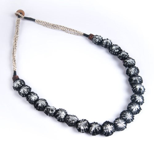 Glow Black Silver Cotton Pom Pom Textile Neckpiece