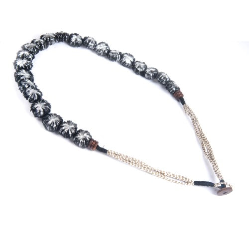 Glow Black Silver Cotton Pom Pom Textile Neckpiece