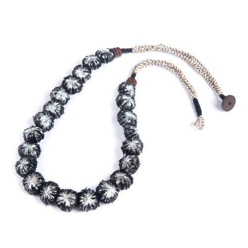 Glow Black Silver Cotton Pom Pom Textile Neckpiece