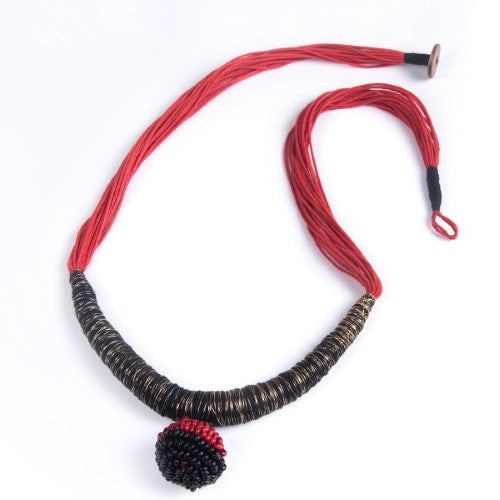 Yana Black Red Gold Cotton Thread Wooden Beads  Dori Neckpiece