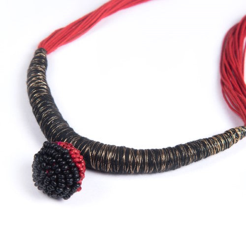 Yana Black Red Gold Cotton Thread Wooden Beads  Dori Neckpiece