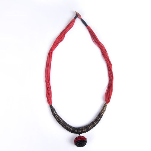 Yana Black Red Gold Cotton Thread Wooden Beads  Dori Neckpiece