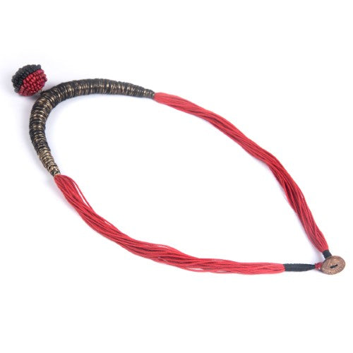 Yana Black Red Gold Cotton Thread Wooden Beads  Dori Neckpiece