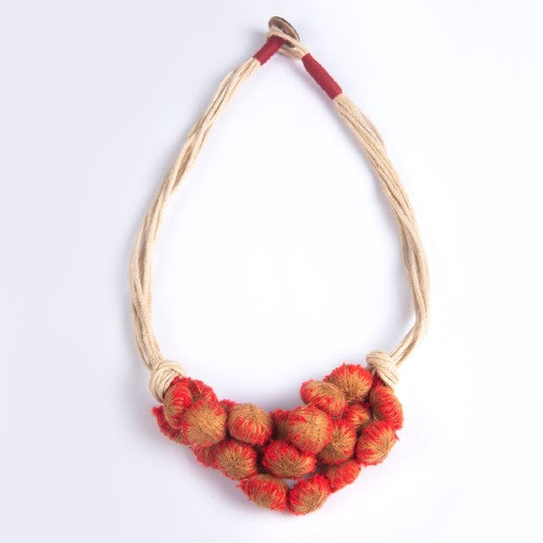 SunLight Red Beige Cotton Pom Pom Textile Neckpiece