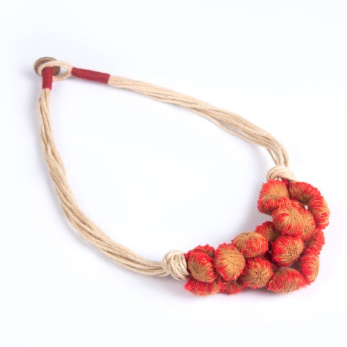 SunLight Red Beige Cotton Pom Pom Textile Neckpiece