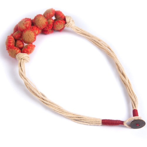 SunLight Red Beige Cotton Pom Pom Textile Neckpiece