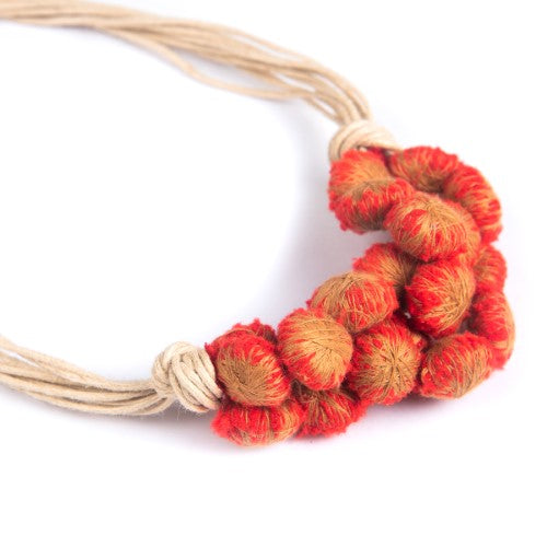 SunLight Red Beige Cotton Pom Pom Textile Neckpiece