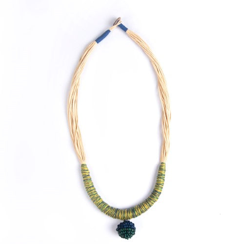 Yana Ecru Yellow Blue Cotton Thread Wooden Beads  Dori Neckpiece