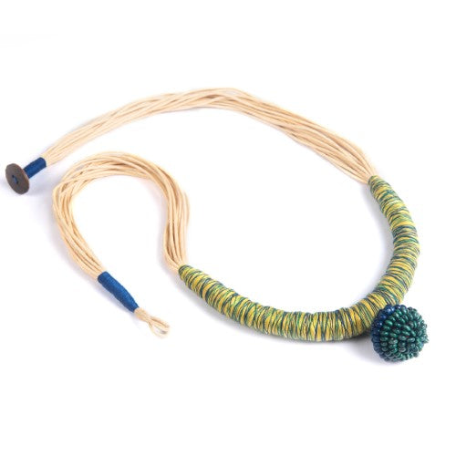 Yana Ecru Yellow Blue Cotton Thread Wooden Beads  Dori Neckpiece