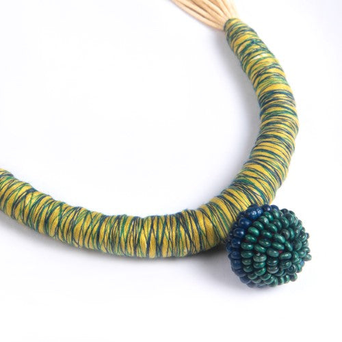 Yana Ecru Yellow Blue Cotton Thread Wooden Beads  Dori Neckpiece