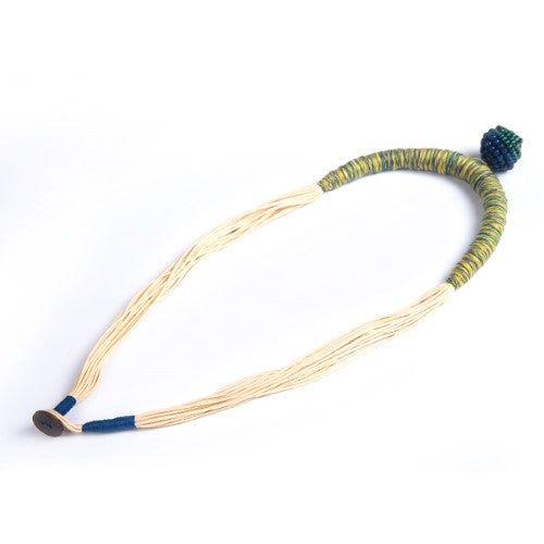 Yana Ecru Yellow Blue Cotton Thread Wooden Beads  Dori Neckpiece