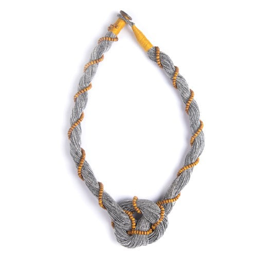 Twist Grey Yellow Cotton Dori Wooden Beads  Dori Neckpiece