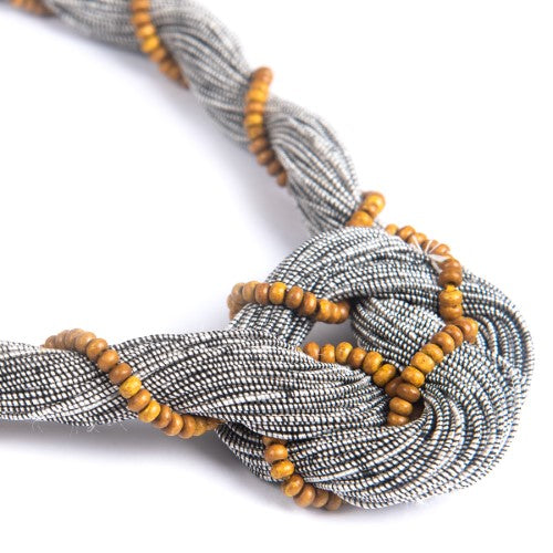 Twist Grey Yellow Cotton Dori Wooden Beads  Dori Neckpiece