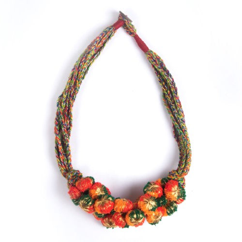 Fire Light Green Red Orange Light Gold Cotton Pom-Pom Sustainable Neckpiece