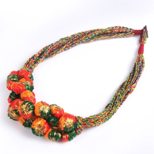 Fire Light Green Red Orange Light Gold Cotton Pom-Pom Sustainable Neckpiece