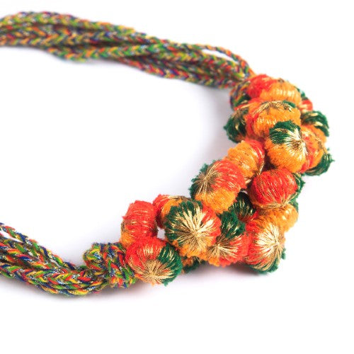 Fire Light Green Red Orange Light Gold Cotton Pom-Pom Sustainable Neckpiece