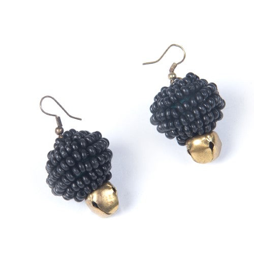 Midnight Black Gold Wooden beads Ghungroo Ear rings