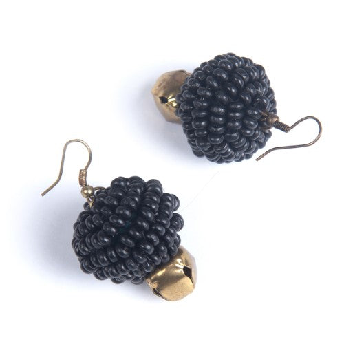 Midnight Black Gold Wooden beads Ghungroo Ear rings