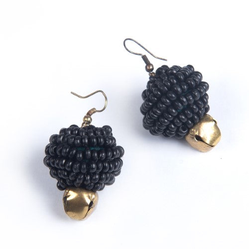 Midnight Black Gold Wooden beads Ghungroo Ear rings