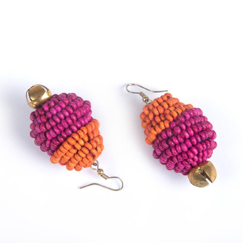 Auru Pink Orange Gold Wooden beads Ghungroo Ear rings