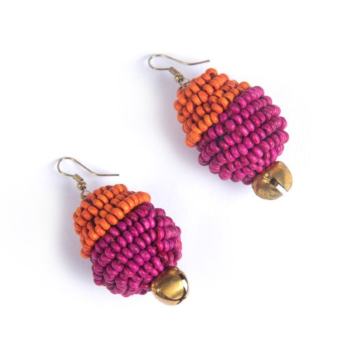 Auru Pink Orange Gold Wooden beads Ghungroo Ear rings