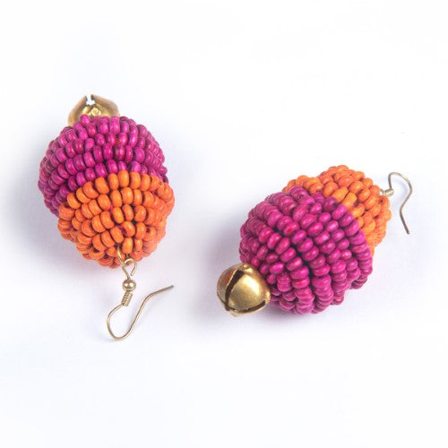 Auru Pink Orange Gold Wooden beads Ghungroo Ear rings