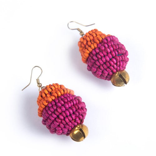 Auru Pink Orange Gold Wooden beads Ghungroo Ear rings