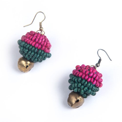 Peacock Teal Pink Gold Wooden beads Ghungroo Ear rings