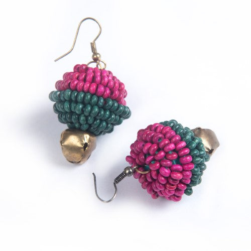 Peacock Teal Pink Gold Wooden beads Ghungroo Ear rings