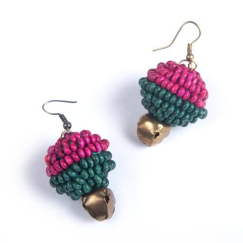 Peacock Teal Pink Gold Wooden beads Ghungroo Ear rings