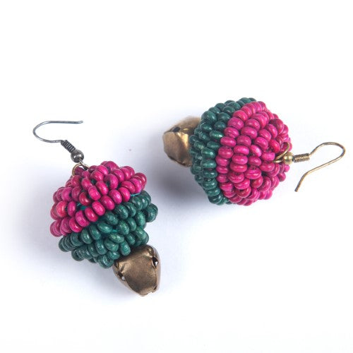 Peacock Teal Pink Gold Wooden beads Ghungroo Ear rings