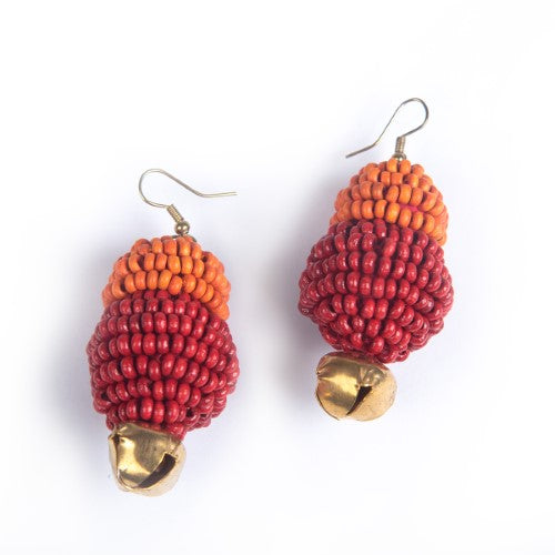 Scarlet Red Orange Gold Wooden beads Ghungroo Ear rings